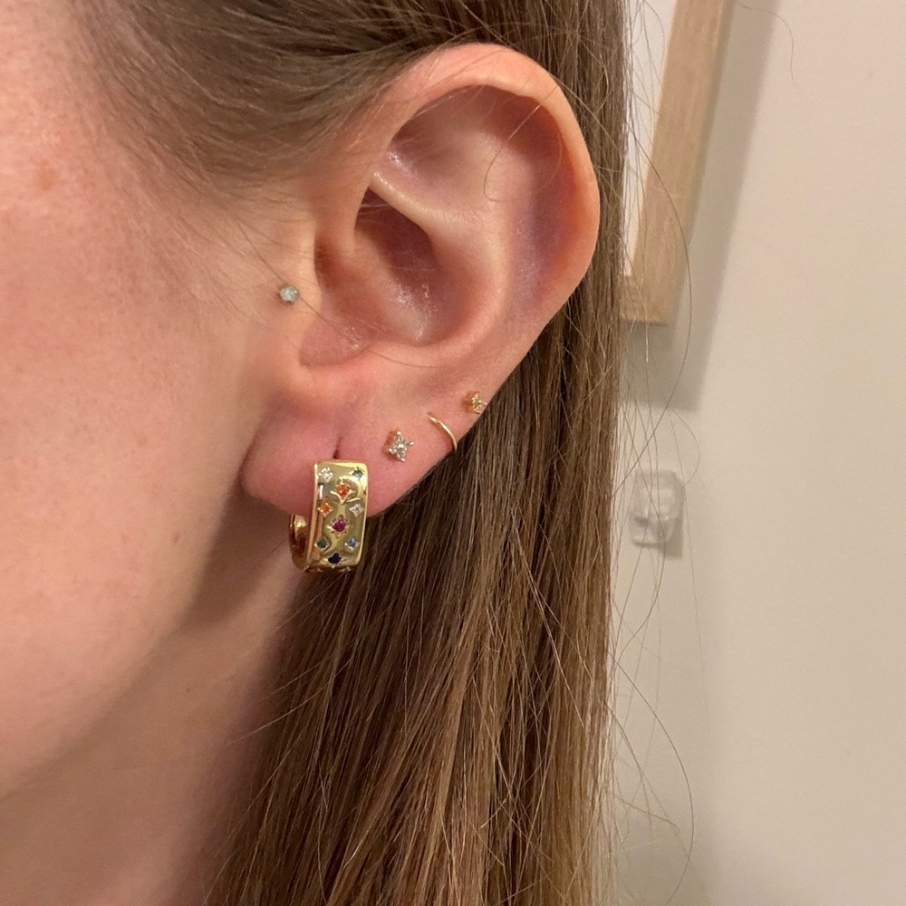 Gold rainbow gold hoop hoops earrings glam pave dainty multicolor